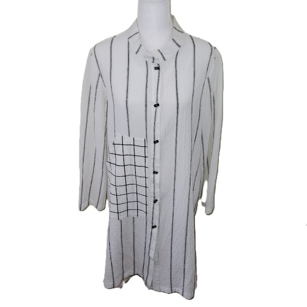 Moonlight Y&S White W/Striped  Button-Up Tunic Blouse Long Sleeve Women's Size S